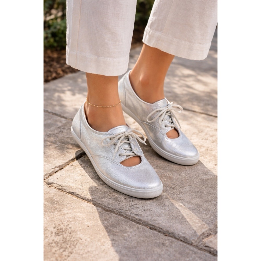 Keds Ballet Mary Jane Flats Tie Womens 9.5 Silver Metallic Sneaker Shoes Comfort